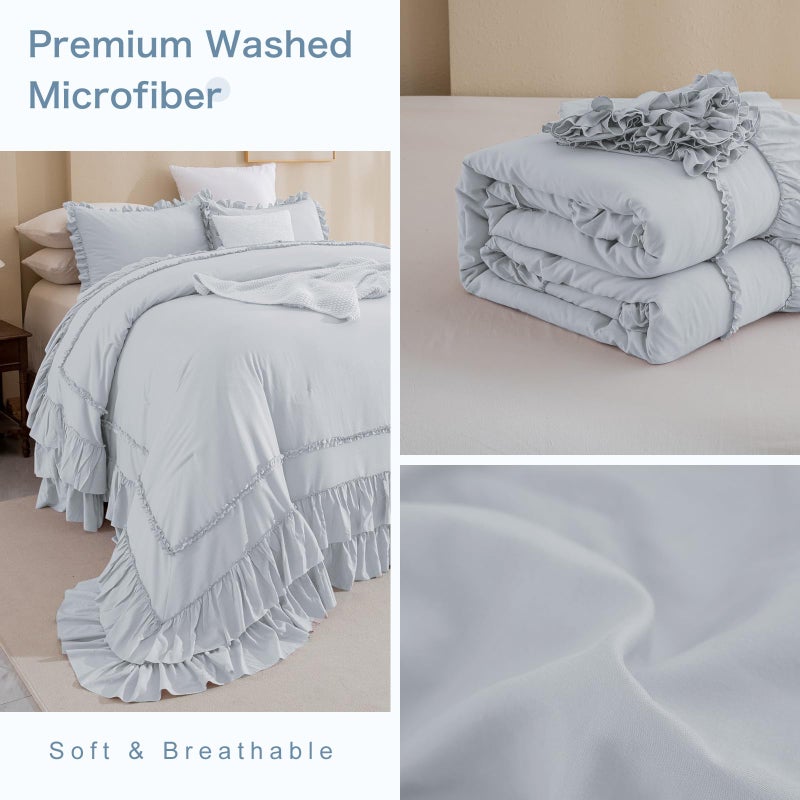 Masaca Oversized King Comforter 128x120 3 Pieces Vintage Farmhouse Ruffled Bedding Comforter Set Lightweight Ultra Soft French Country Bedding (1 Light Blue Ruffle Comforter +2 Pillowcases) - Image 4